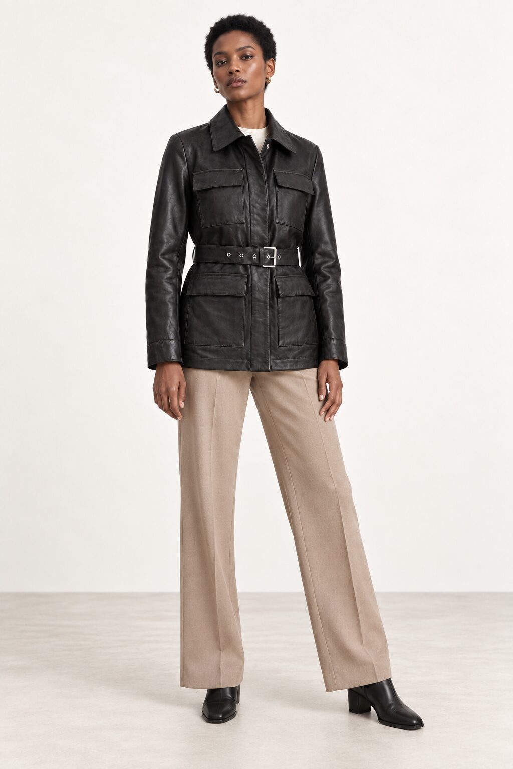 Woman wearing the Belgrado black leather jacket, full-body front view