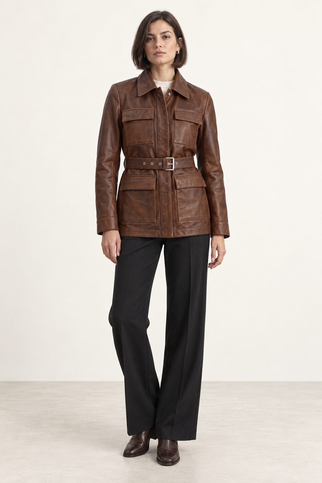 Woman wearing the Sarajevo antique brown leather jacket, full-body front view