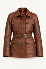 Sarajevo antique brown leather jacket for women, product-only front view