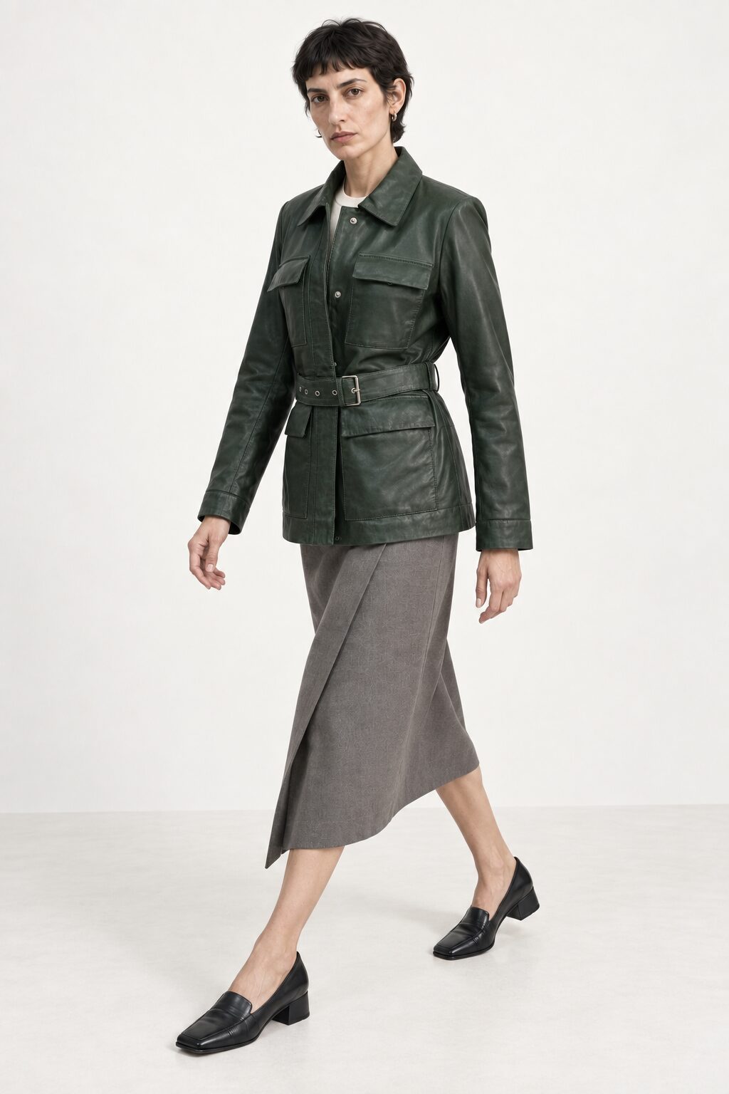 Woman wearing the Sofia forest green leather jacket in an editorial full-body pose
