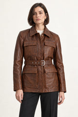 Woman wearing the Sarajevo antique brown leather jacket, three-quarter view