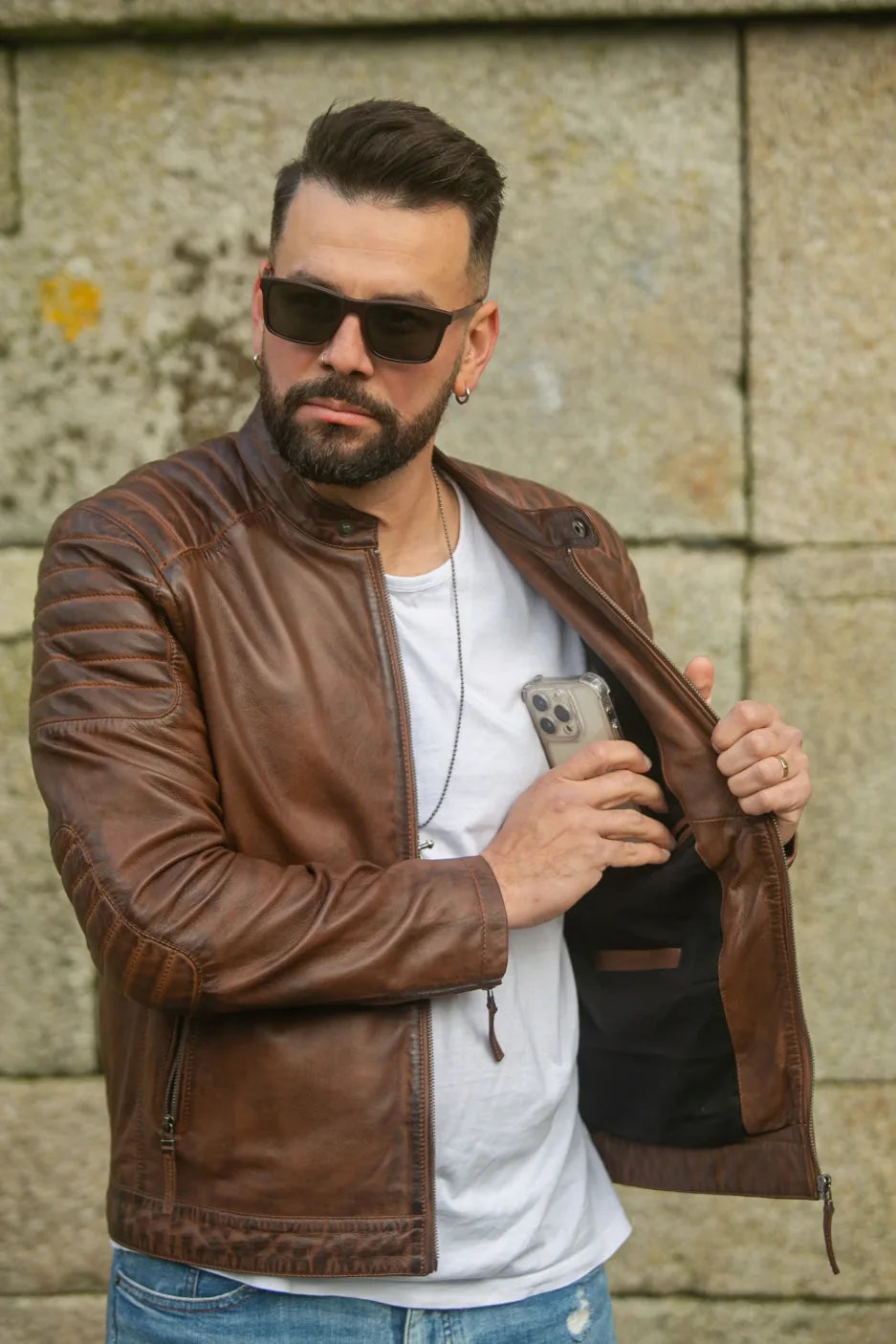 Madrid brown leather jacket open view on male model revealing interior lining and inside pocket