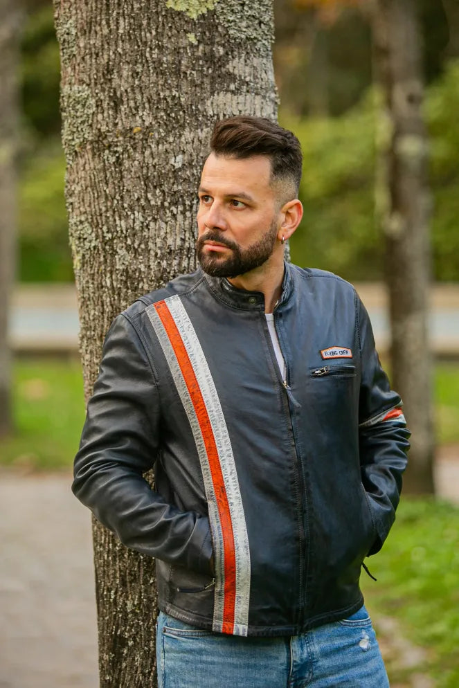 Men's New York black leather jacket close-up front view on model, orange and grey racing stripes