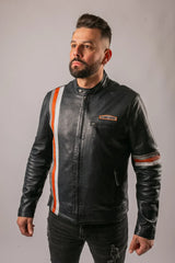 New York black leather jacket front studio view on male model, zipped up, orange racing stripe