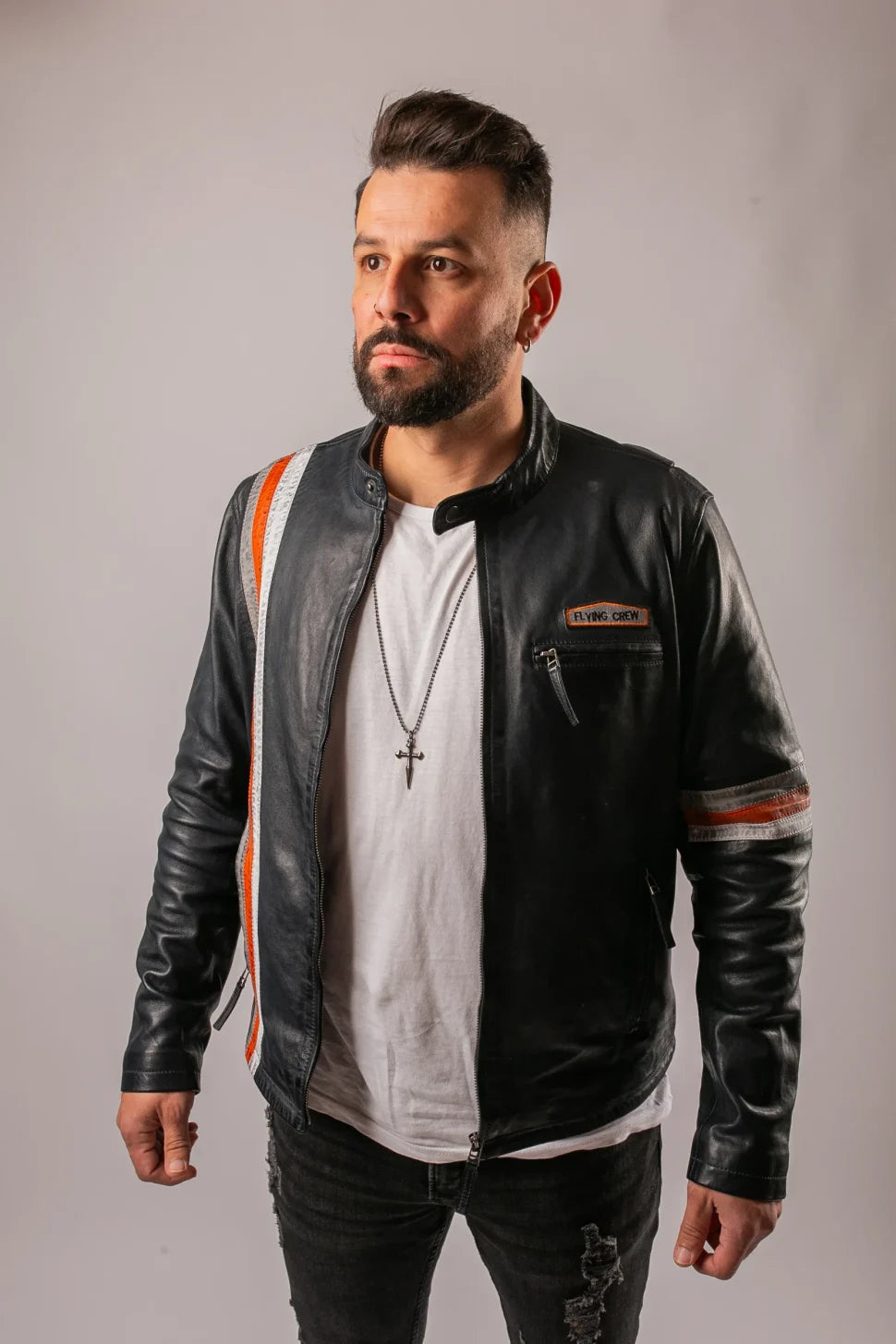 New York black leather jacket studio front view on male model, orange stripe, Flying Crew patch