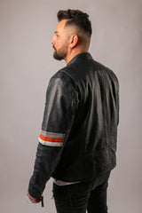 New York men's black leather jacket rear view on male model showing clean back and orange sleeve stripe