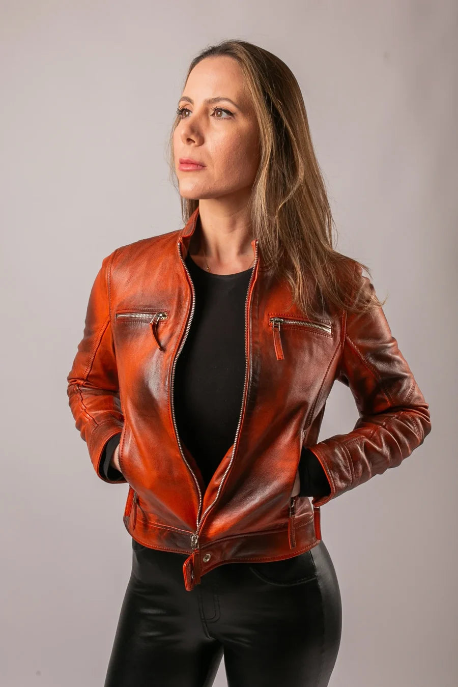 Marrakech tan leather jacket open front view on model, studio shot showing zip detail and slim fit