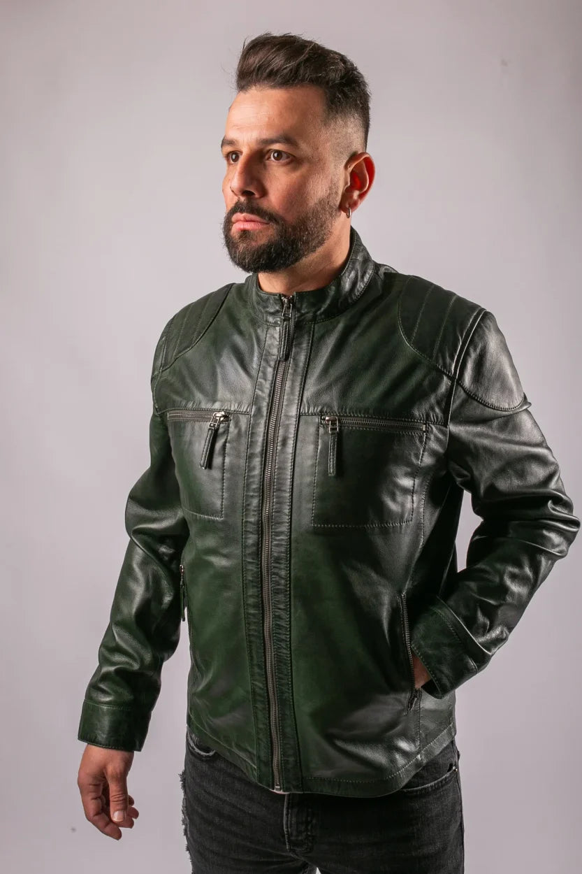 Dublin green leather jacket front three-quarter view on male model with zip chest pockets