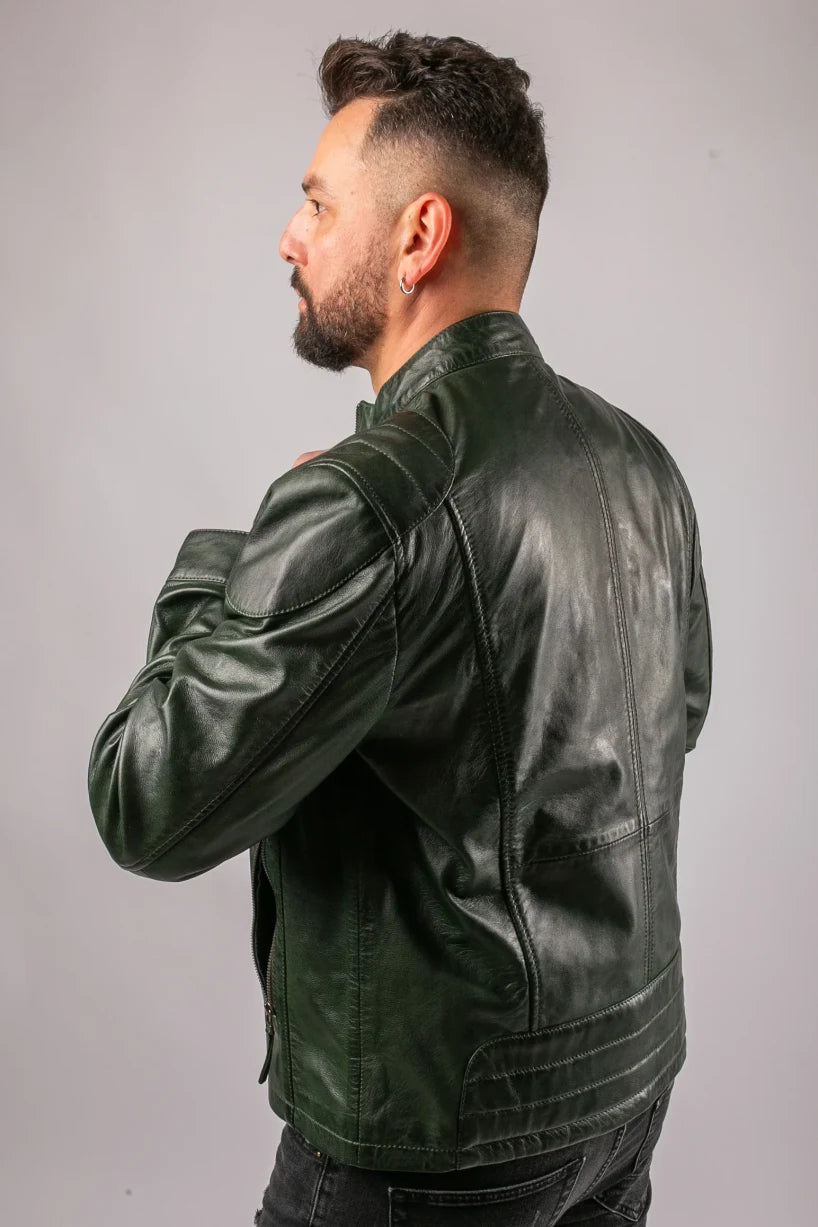 Back view of Dublin green leather jacket on male model showing panel stitching and fit