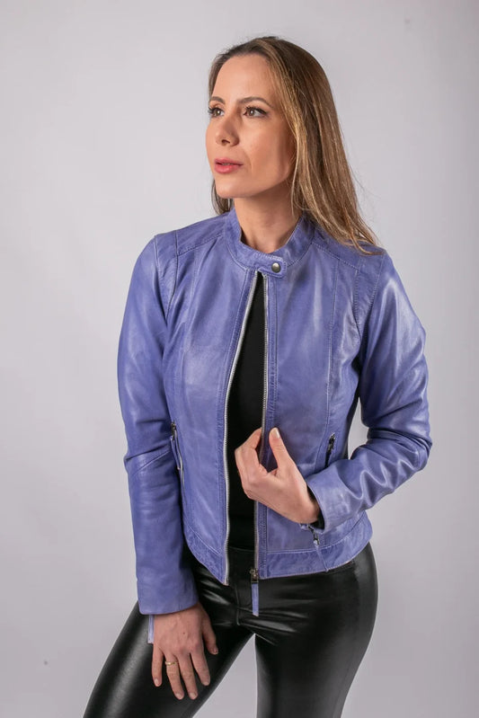 Milan women's blue leather jacket open front view on model, studio shot showing collarband and zip