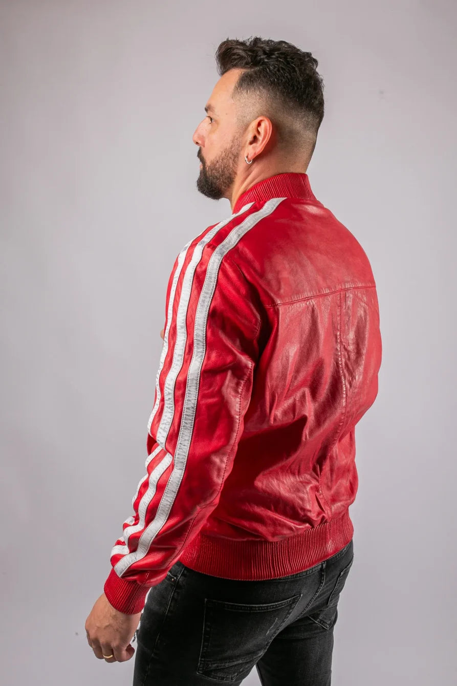 Roma red leather jacket rear view on male model, bomber silhouette with silver side stripes visible