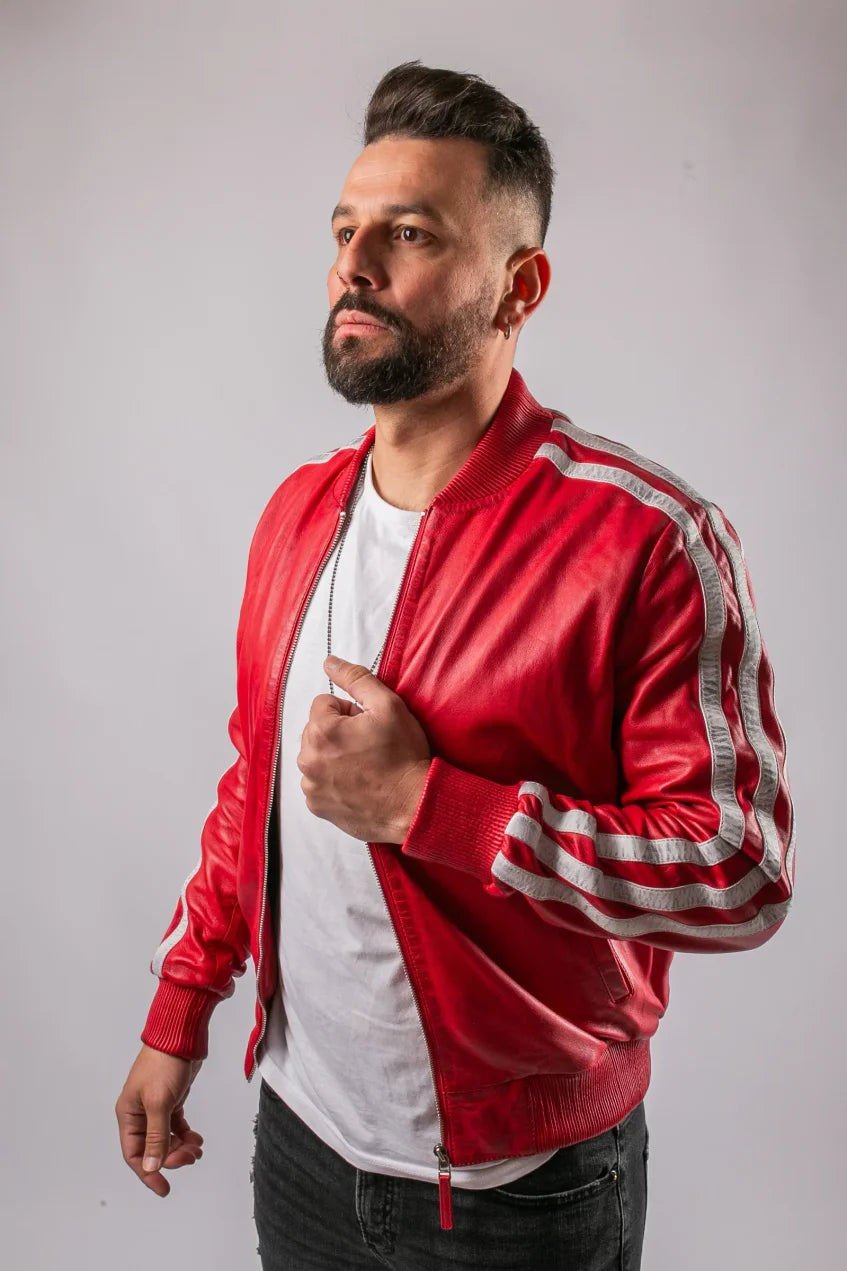 Roma red leather bomber jacket studio front three-quarter view on model, open zip, silver stripes