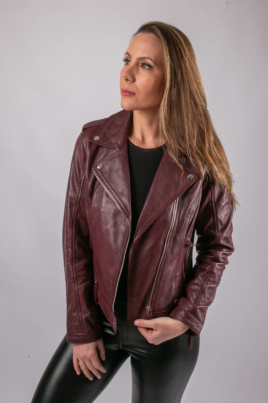 Shiraz women's burgundy leather jacket front three-quarter view on model, lapel collar and hardware