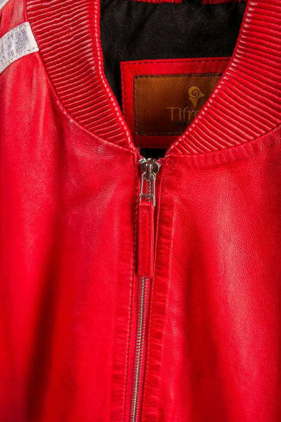Roma red leather jacket close-up of ribbed bomber collar and Tifrano branded label, front zip detail