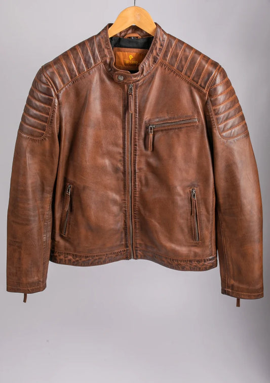 Men's Brown Distressed Leather Racer Jacket Madrid Quilted - Tifrano
