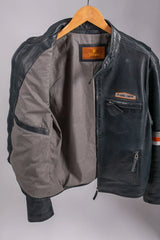 New York black leather jacket open on hanger showing interior lining and Flying Crew patch detail