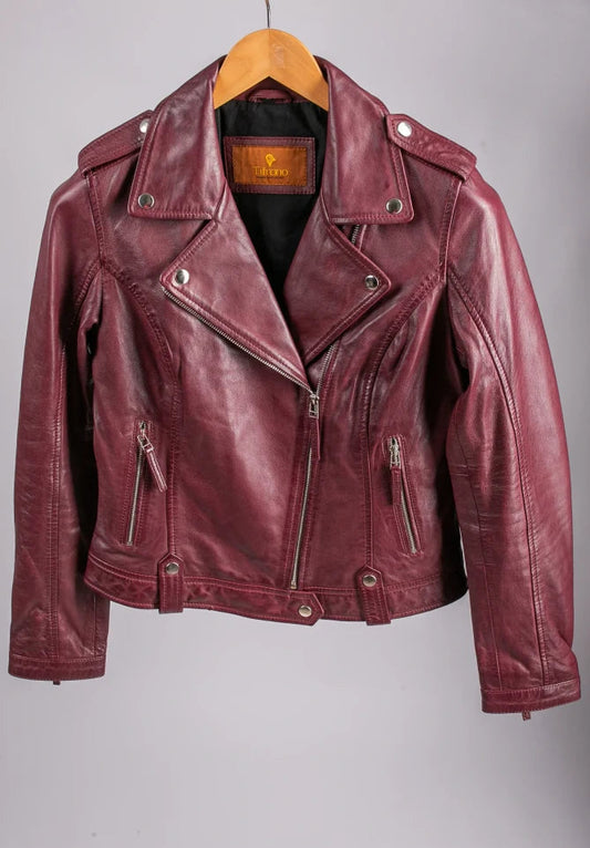 Women's Burgundy Biker Leather Jacket Shiraz Cropped - Tifrano
