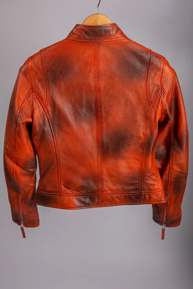 Marrakech cognac leather jacket flat back view on hanger, showing seam construction and distressed finish