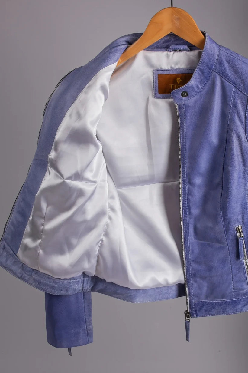 Milan blue leather jacket on hanger open to reveal white satin lining, interior detail close-up