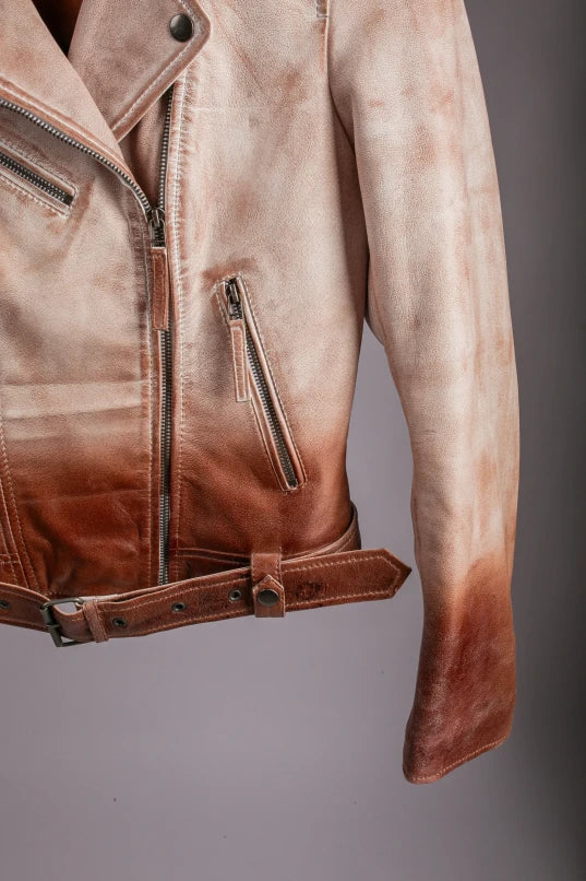 London gradient leather jacket close-up detail of front zip pocket and brown ombre leather texture