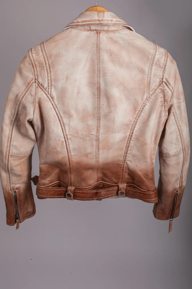 London gradient leather jacket back flat lay on hanger showing cream-to-brown ombre and back seams