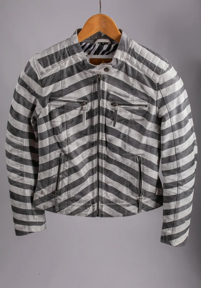 Nairobi grey stripe leather jacket front flat view on hanger, bold chevron pattern and chest zips