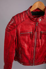 Paris red leather jacket close-up hanger shot, croc-embossed quilted shoulders and silver zips