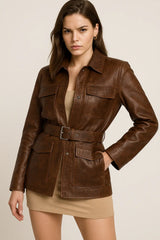 Brown Long Pure Leather Jacket for Women