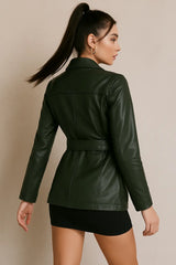 Dark Green Long Leather Jacket for Women in Portugal