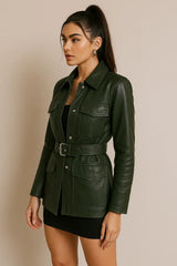Green Long Pure Leather Jacket