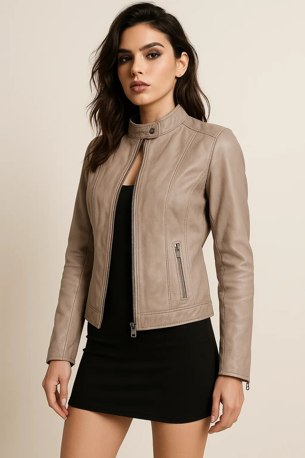 Woman wearing a cream lucca leather jacket on a beige background