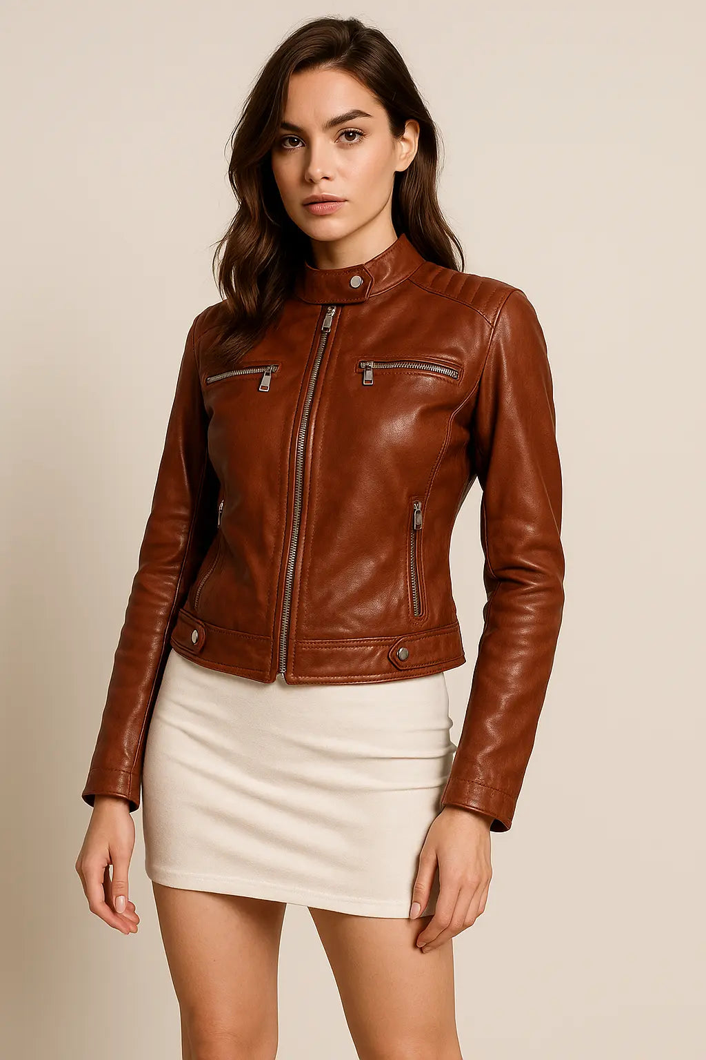 Woman wearing a brown leather jacket on a beige background