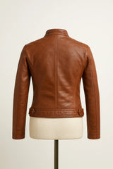 Brown lyon leather jacket back on a mannequin against a white background