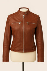 Brown lyon leather jacket on a mannequin against a beige background