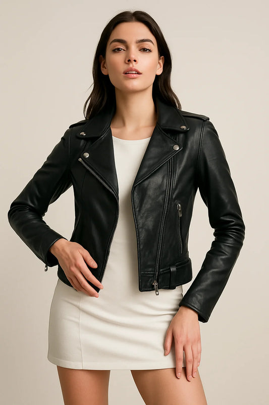 Women's Black Biker Leather Jacket Montreal Cropped - Tifrano