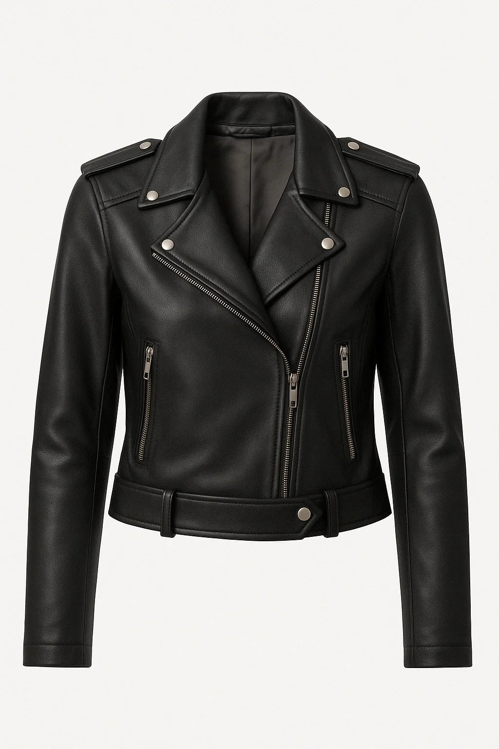 Montreal women's black leather biker jacket flat lay on hanger, asymmetric zip and epaulettes