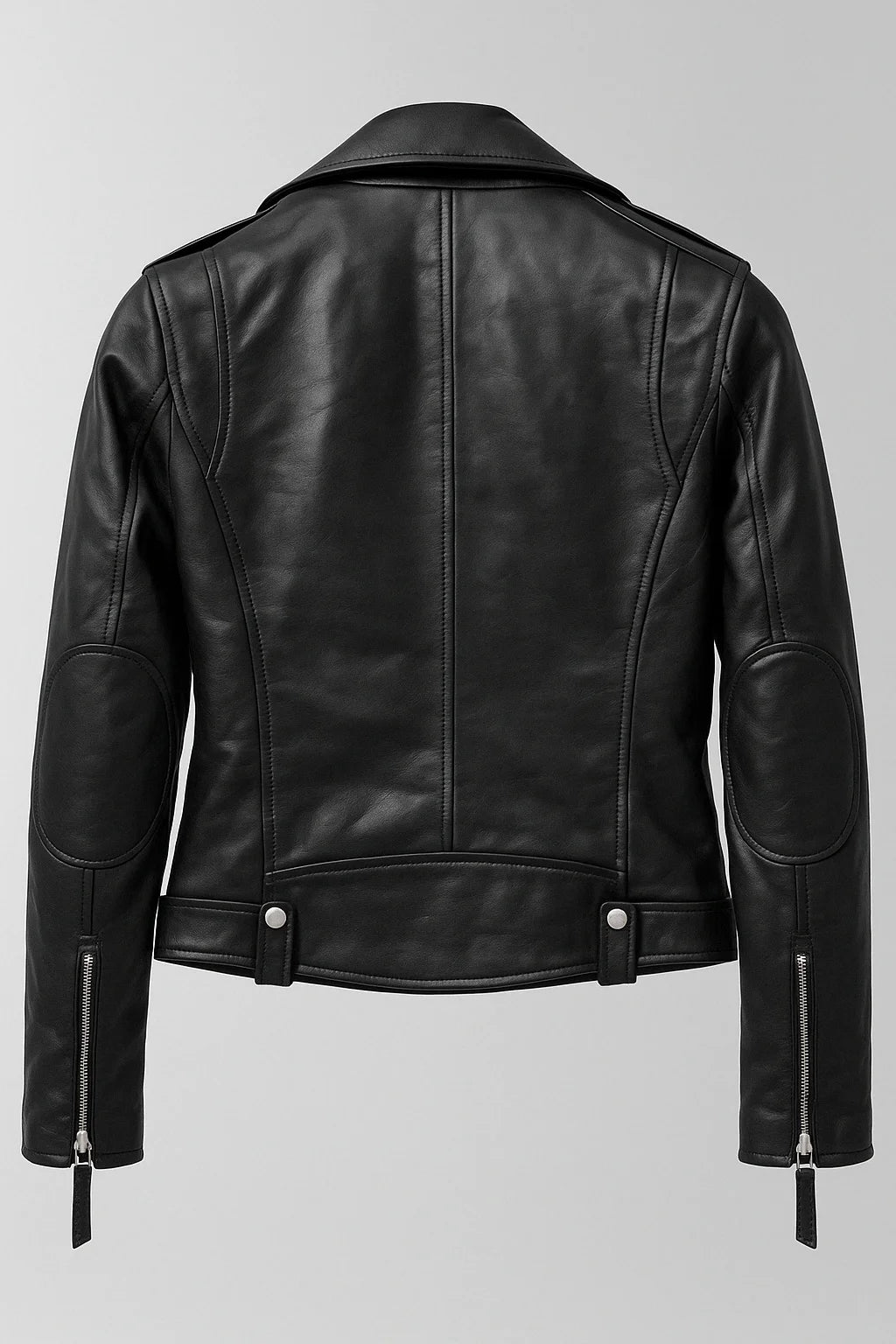 Montreal black leather jacket flat back view on hanger, showing clean seams and zip cuff detail