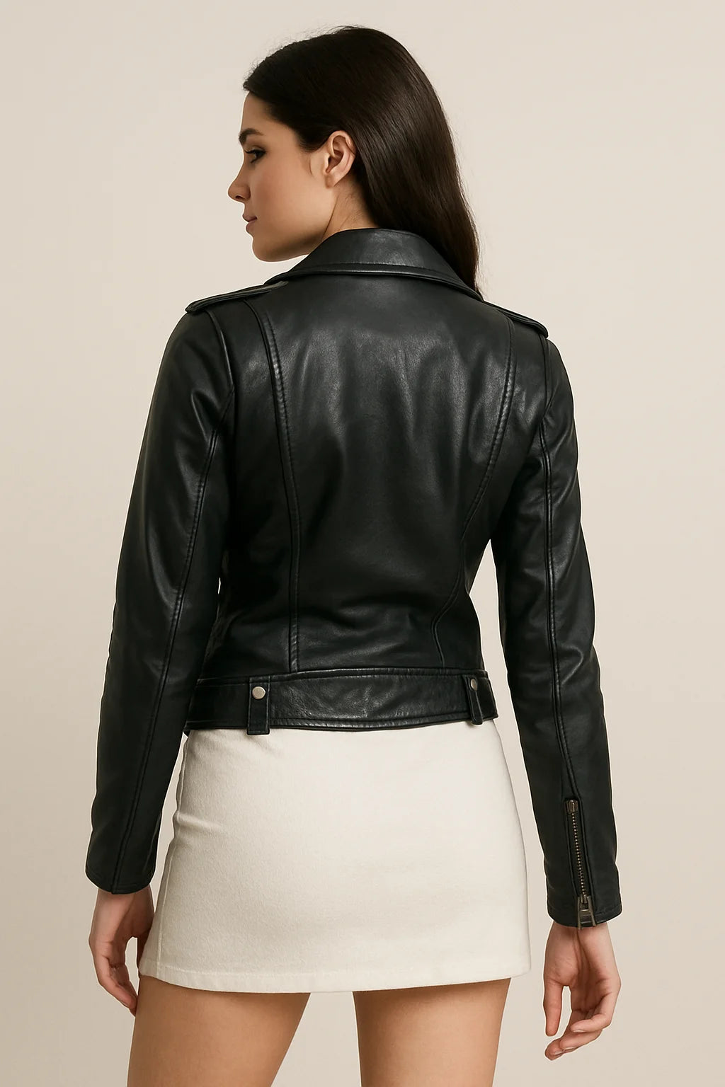 Montreal black leather jacket back view on model, showing belted waist and moto-style panel seams