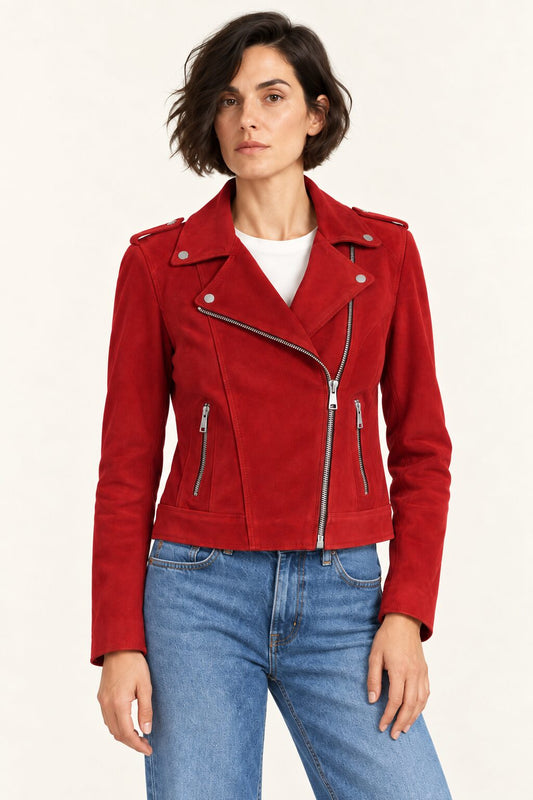 Woman wearing the Aphrodite red suede biker jacket, full-body front view