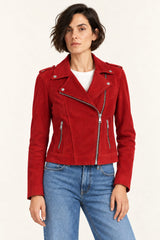 Woman wearing the Aphrodite red suede biker jacket, full-body front view