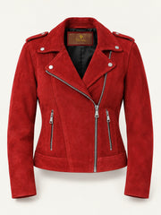 Aphrodite red suede biker jacket for women, product-only front view