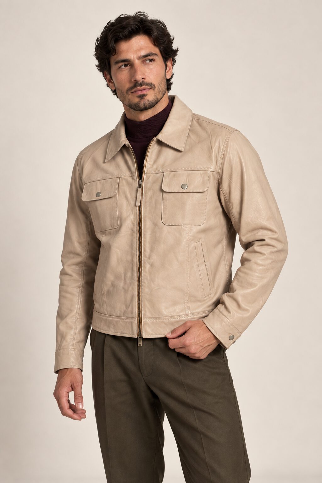 Tifrano Baku cream leather jacket for men – three-quarter view