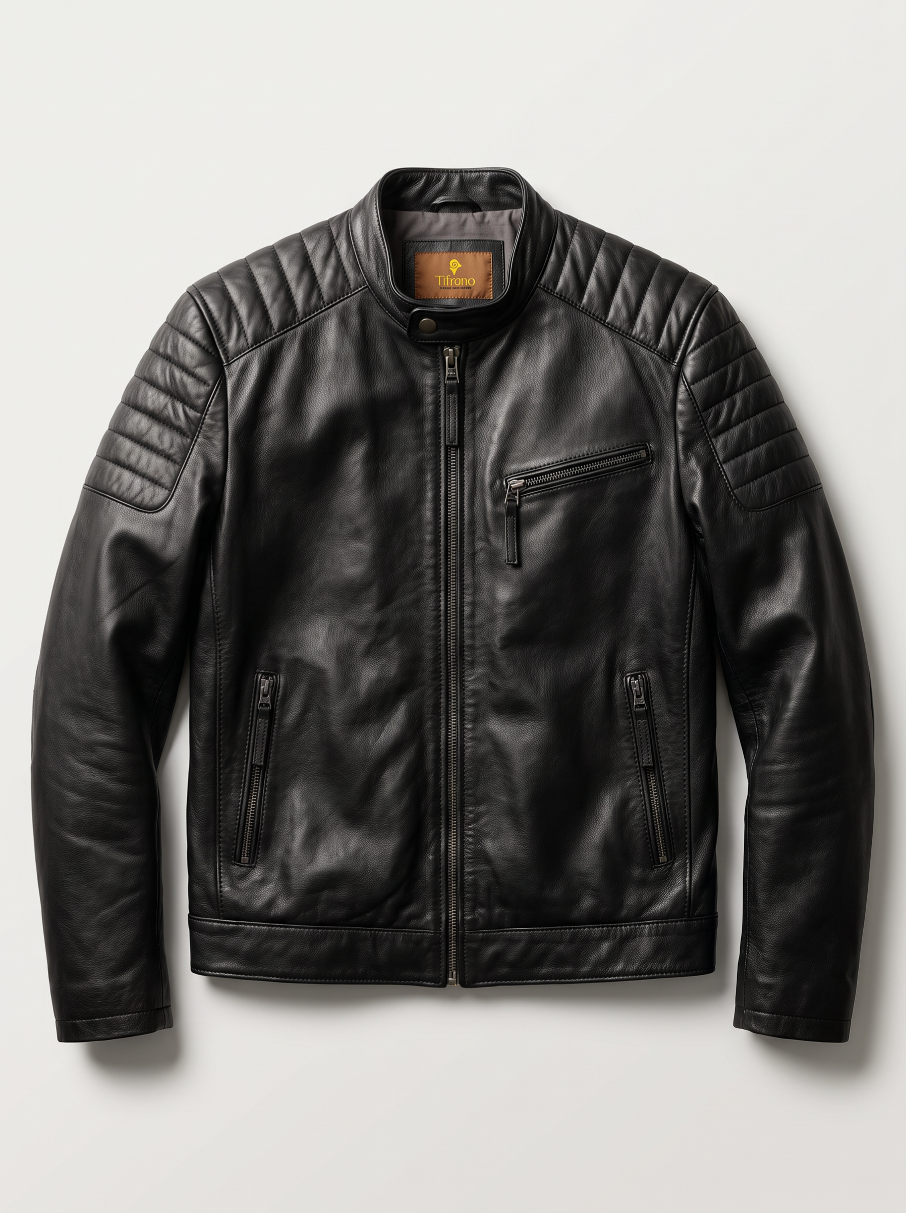 A black leather biker jacket with quilted shoulder panels, a zippered chest pocket, and zippered hand pockets, displayed flat against a light gray background.