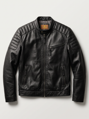 A black leather biker jacket with quilted shoulder panels, a zippered chest pocket, and zippered hand pockets, displayed flat against a light gray background.