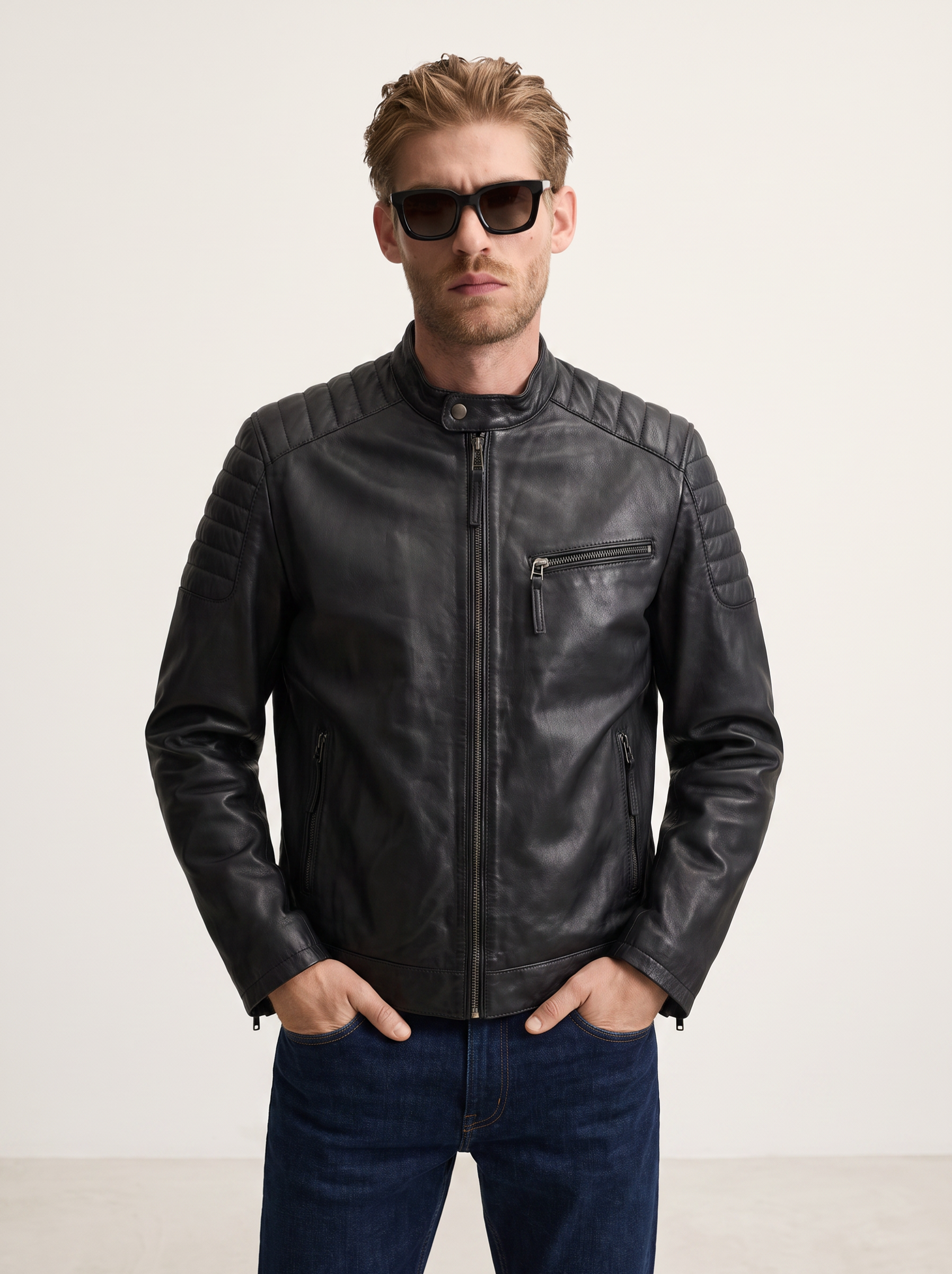 A man wearing a black leather motorcycle jacket with quilted shoulder panels, a front zipper, and a zippered chest pocket, paired with dark blue jeans and black sunglasses, standing against a plain off-white studio background.