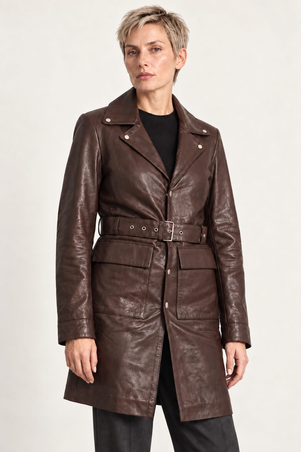 Woman wearing the Bariloche dark brown leather coat, alternate three-quarter view