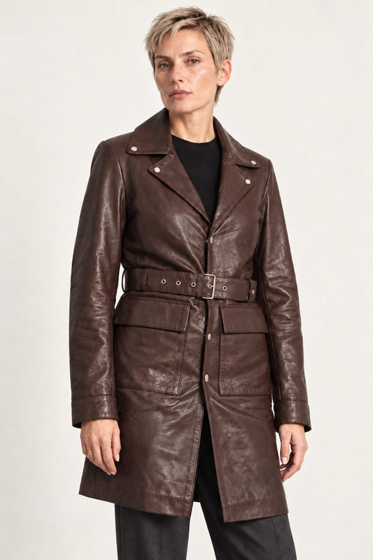 Woman wearing the Bariloche dark brown leather coat, alternate three-quarter view