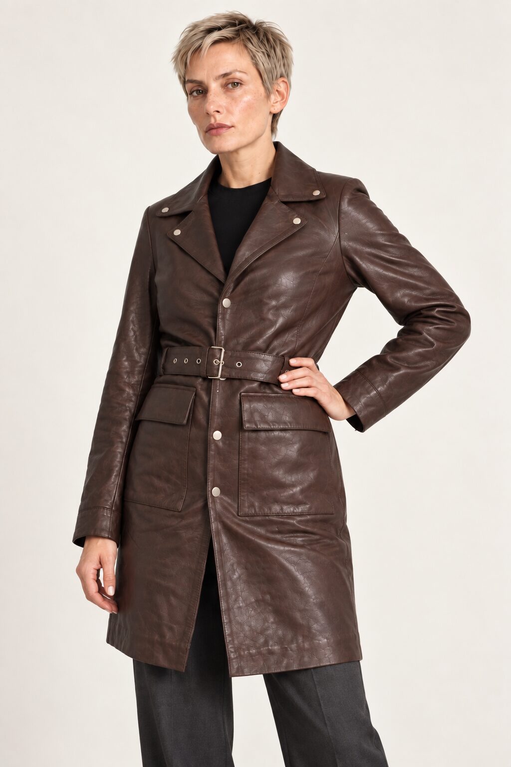 Woman wearing the Bariloche dark brown leather coat, three-quarter view