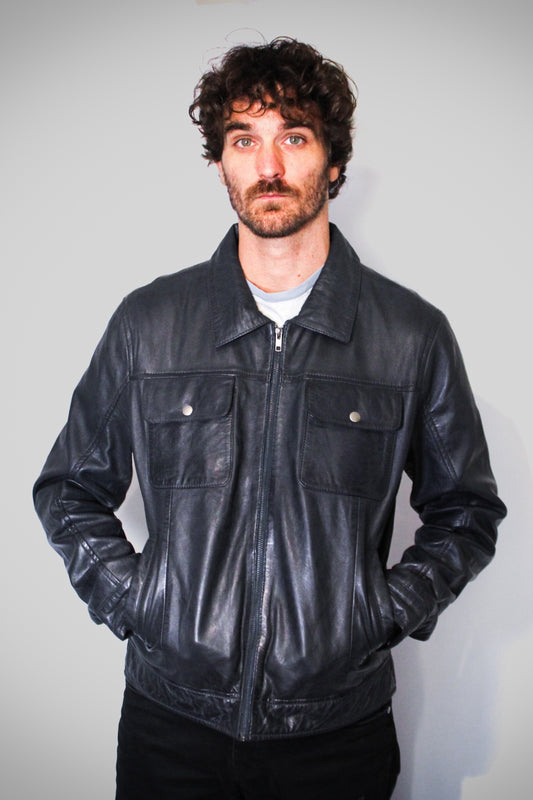 Odessa navy blue leather trucker jacket for men