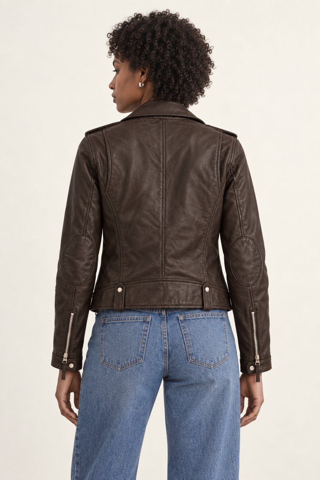 Casaco biker feminino Zurich em pele castanho-chocolate, vista traseira